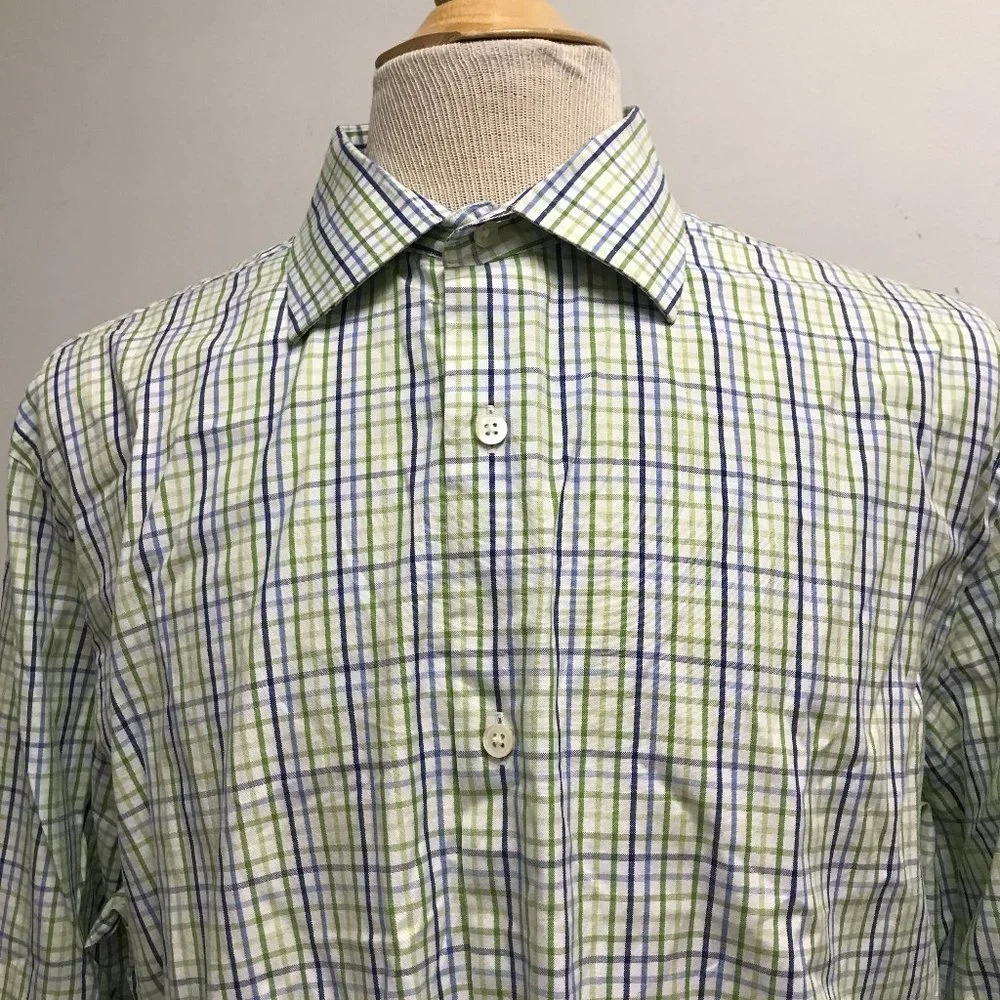 Banana Republic blue green white check plaid classic fit shirt XL 17 17.5